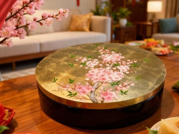 Hộp Mứt Tết Sơn Mài Đào Hồng Khai Xuân 5 Ngăn Dát Lá Vàng