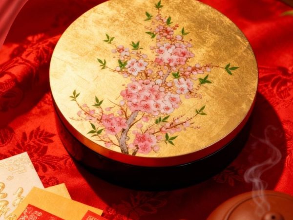 Hộp Mứt Tết Sơn Mài Đào Hồng Khai Xuân 5 Ngăn Dát Lá Vàng