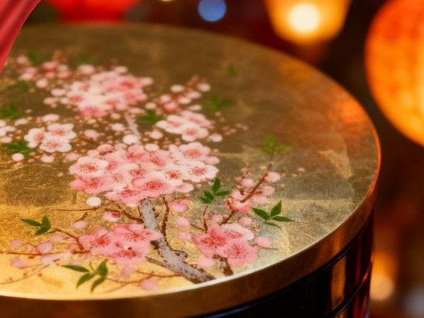 Hộp Mứt Tết Sơn Mài Đào Hồng Khai Xuân 5 Ngăn Dát Lá Vàng