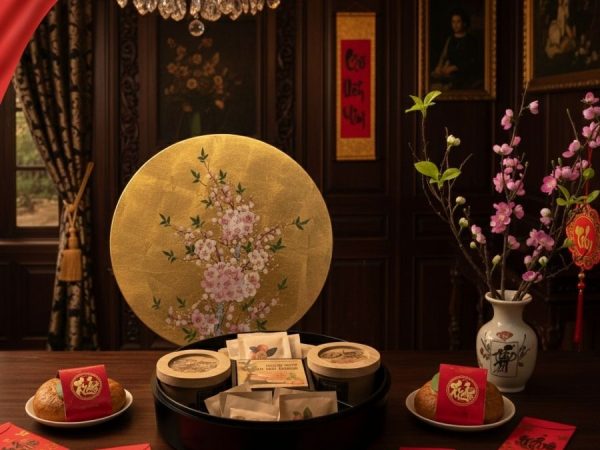 Hộp Mứt Tết Sơn Mài Đào Hồng Khai Xuân 5 Ngăn Dát Lá Vàng