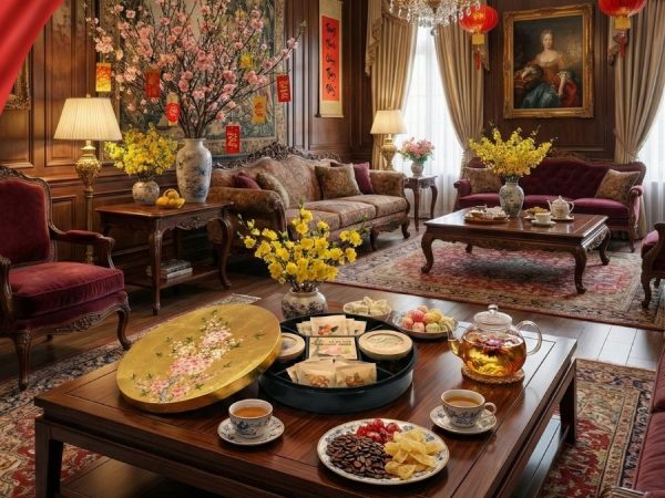 Hộp Mứt Tết Sơn Mài Đào Hồng Khai Xuân 5 Ngăn Dát Lá Vàng