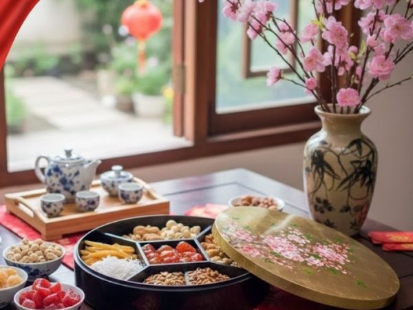 Hộp Mứt Tết Sơn Mài Đào Hồng Khai Xuân 5 Ngăn Dát Lá Vàng