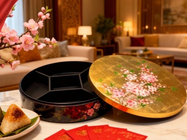 Hộp Mứt Tết Sơn Mài Đào Hồng Khai Xuân 5 Ngăn Dát Lá Vàng