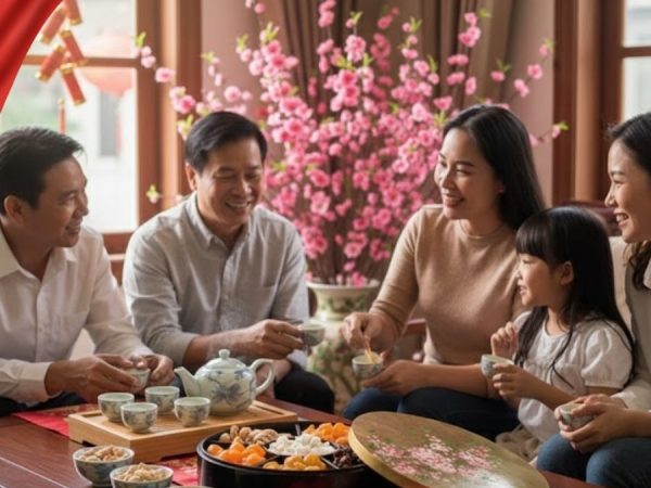 Hộp Mứt Tết Sơn Mài Đào Hồng Khai Xuân 5 Ngăn Dát Lá Vàng