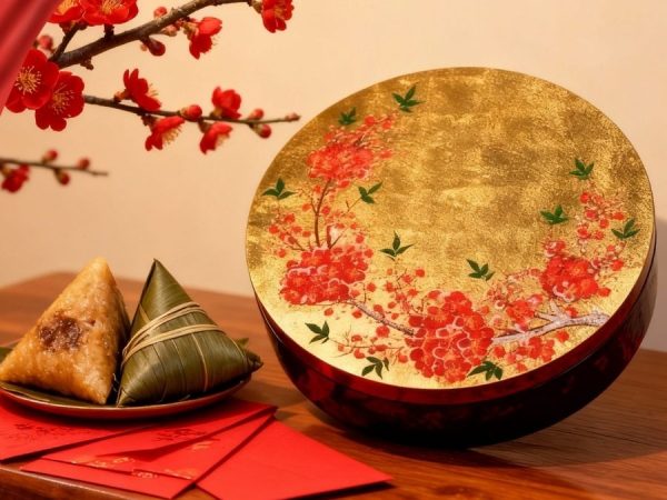 Hộp Mứt Tết Sơn Mài Mai Đỏ Đón Xuân 5 Ngăn Dát Lá Vàng