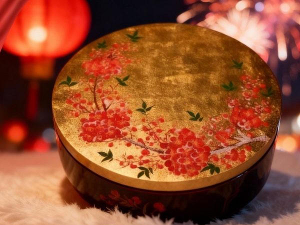 Hộp Mứt Tết Sơn Mài Mai Đỏ Đón Xuân 5 Ngăn Dát Lá Vàng