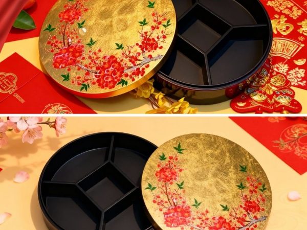 Hộp Mứt Tết Sơn Mài Mai Đỏ Đón Xuân 5 Ngăn Dát Lá Vàng