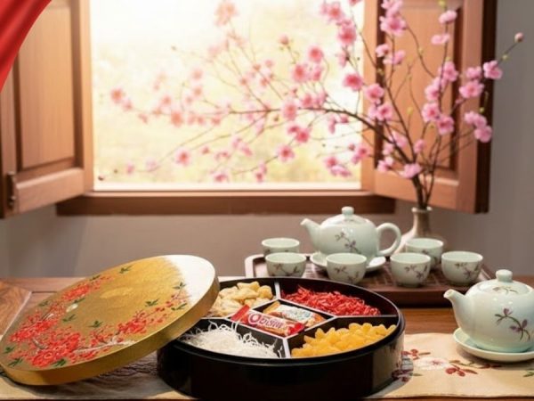 Hộp Mứt Tết Sơn Mài Mai Đỏ Đón Xuân 5 Ngăn Dát Lá Vàng