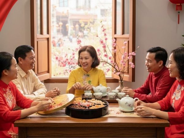 Hộp Mứt Tết Sơn Mài Mai Đỏ Đón Xuân 5 Ngăn Dát Lá Vàng