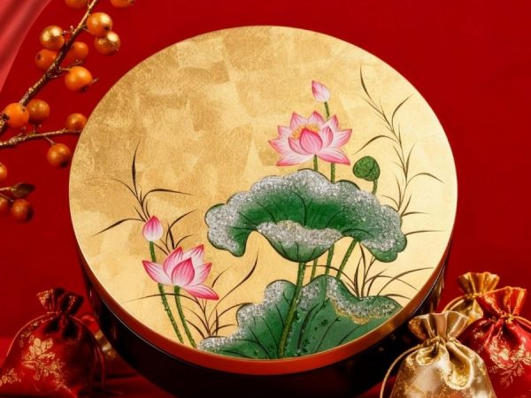 Hộp Mứt Tết Sơn Mài Ngọc Sen An Lành 5 Ngăn Dát Lá Vàng