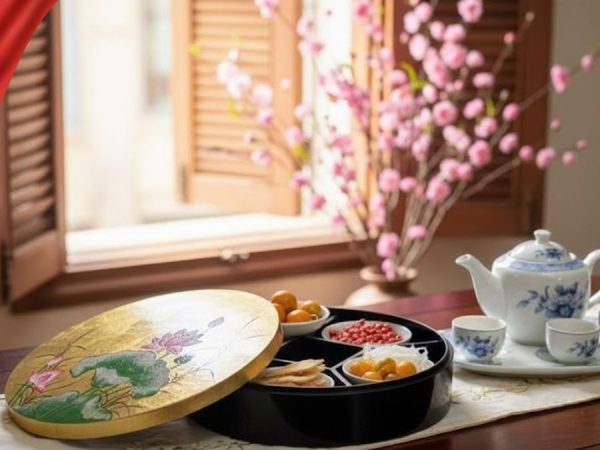 Hộp Mứt Tết Sơn Mài Ngọc Sen An Lành 5 Ngăn Dát Lá Vàng