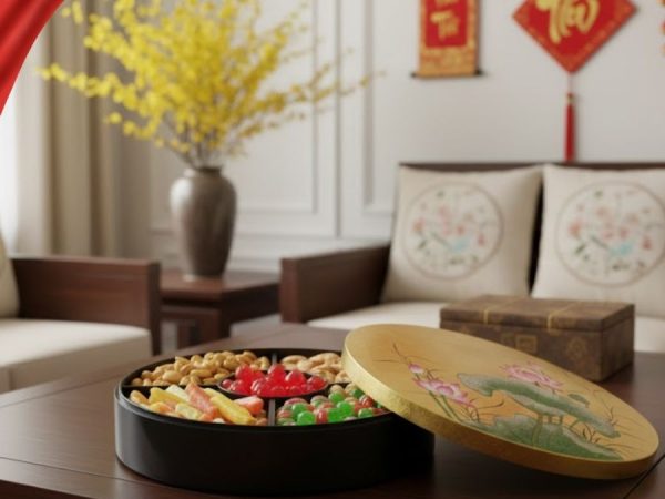 Hộp Mứt Tết Sơn Mài Ngọc Sen An Lành 5 Ngăn Dát Lá Vàng