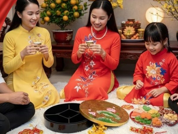 Hộp Mứt Tết Sơn Mài Ngọc Sen An Lành 5 Ngăn Dát Lá Vàng