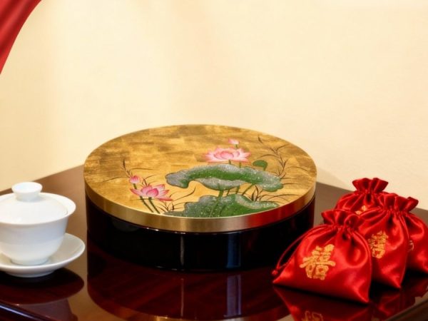 Hộp Mứt Tết Sơn Mài Ngọc Sen An Lành 5 Ngăn Dát Lá Vàng