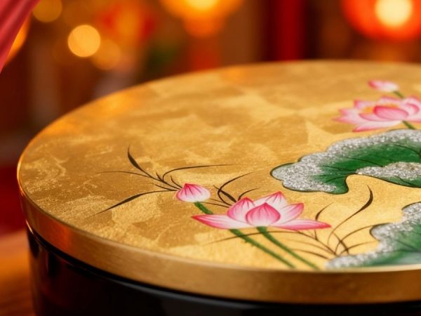 Hộp Mứt Tết Sơn Mài Ngọc Sen An Lành 5 Ngăn Dát Lá Vàng