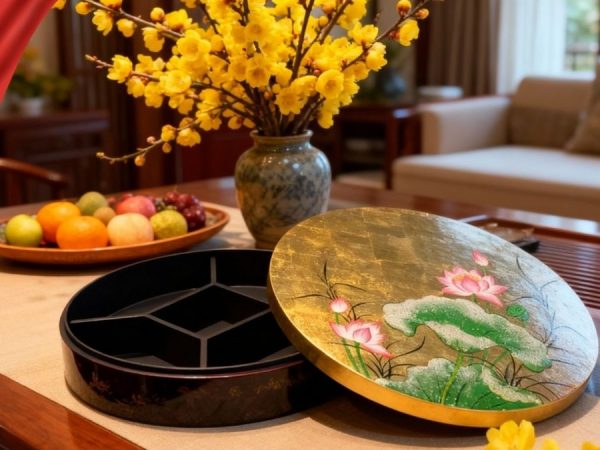 Hộp Mứt Tết Sơn Mài Ngọc Sen An Lành 5 Ngăn Dát Lá Vàng