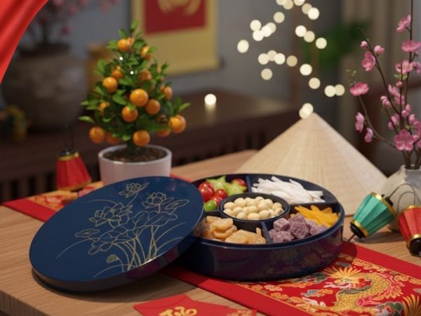 Hộp Mứt Tết Sơn Mài Tịnh Sen Vàng 5 Ngăn Nền Xanh