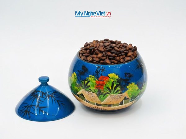 Hũ mận sơn mài đựng mứt vẽ cảnh đồng quê