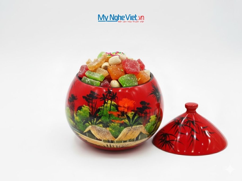 Hũ mận sơn mài đựng mứt vẽ cảnh đồng quê