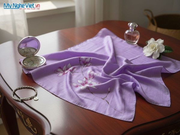 Khăn lụa vuông tơ tằm màu tím vẽ hoa