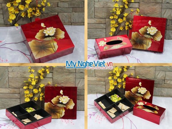 Bộ quà tặng Hộp mứt tết sơn mài vuông 4 ngăn vẽ sen nền đỏ