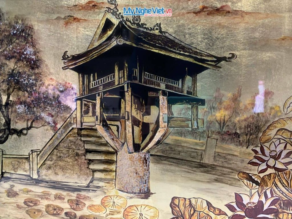 Tranh Sơn Mài Dát Lá Vàng Chùa Một Cột