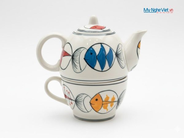 Bình Trà Độc Ẩm Gốm Bát Tràng Họa Tiết Cá Đàn Lớn