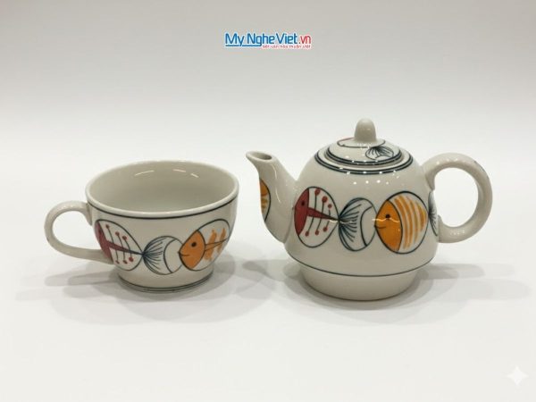 Bình Trà Độc Ẩm Gốm Bát Tràng Họa Tiết Cá Đàn Lớn