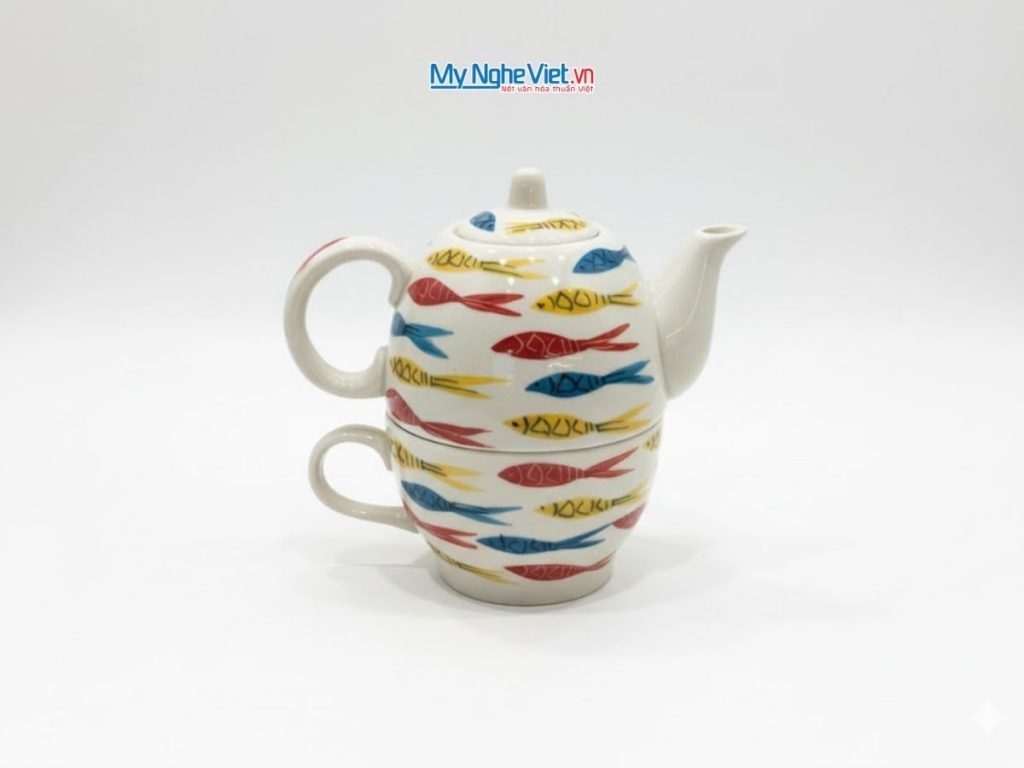 Bình Trà Độc Ẩm Gốm Bát Tràng Họa Tiết Cá Đàn Nhỏ