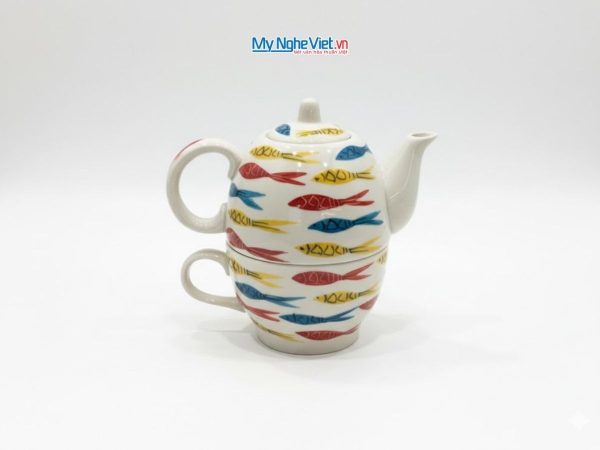 Bình Trà Độc Ẩm Gốm Bát Tràng Họa Tiết Cá Đàn Nhỏ