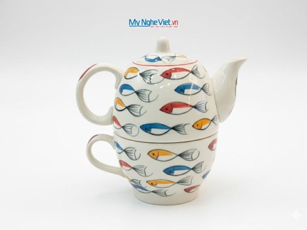 Bình Trà Độc Ẩm Gốm Bát Tràng Họa Tiết Cá Đàn Nhỏ