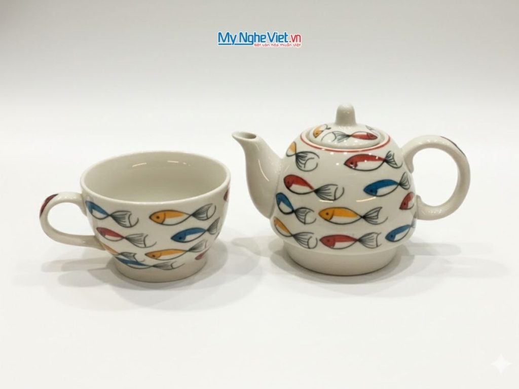 Bình Trà Độc Ẩm Gốm Bát Tràng Họa Tiết Cá Đàn Nhỏ