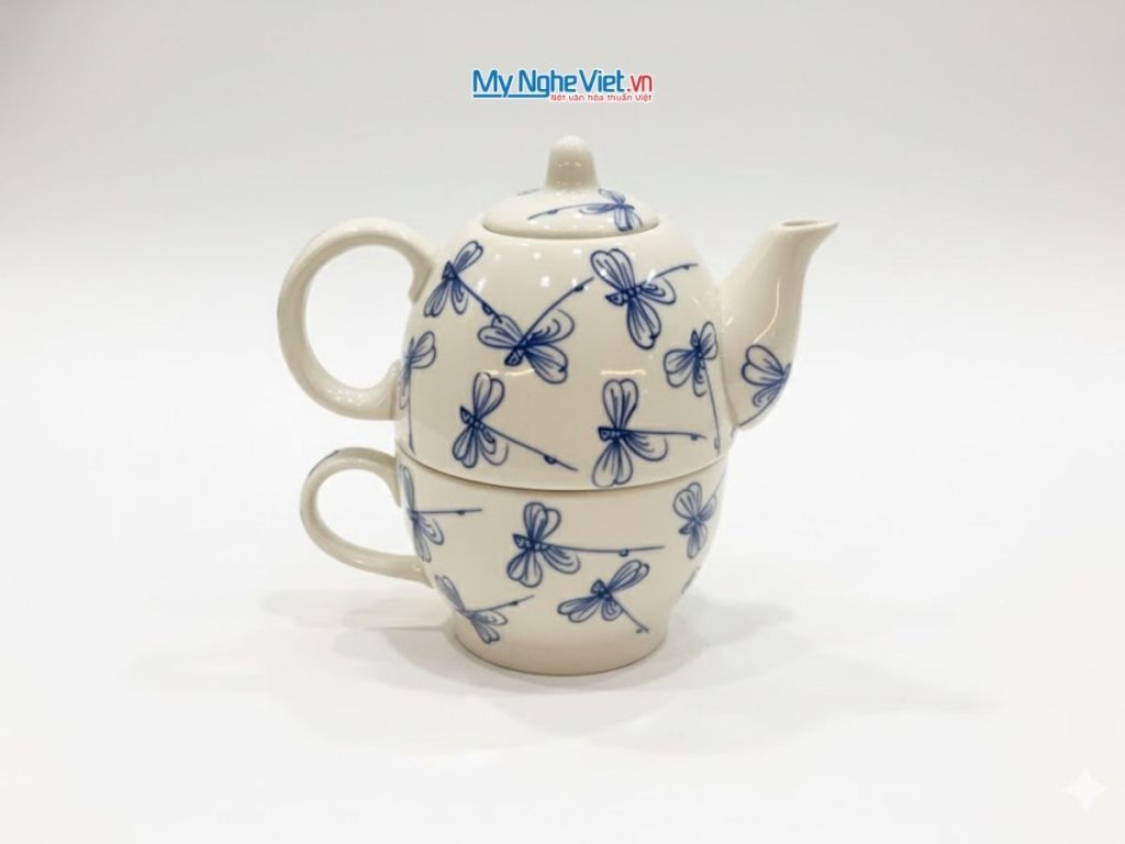 Bình Trà Độc Ẩm Gốm Bát Tràng Họa Tiết Chuồn Chuồn