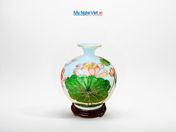 Bình thu hút tài lộc gốm Bát Tràng cao cấp vẽ vàng kim họa tiết hoa sen đắp nổi