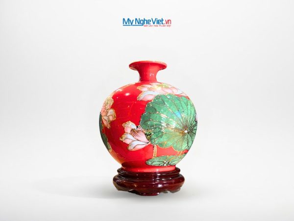 Bình thu hút tài lộc gốm Bát Tràng cao cấp vẽ vàng kim họa tiết hoa sen đắp nổi