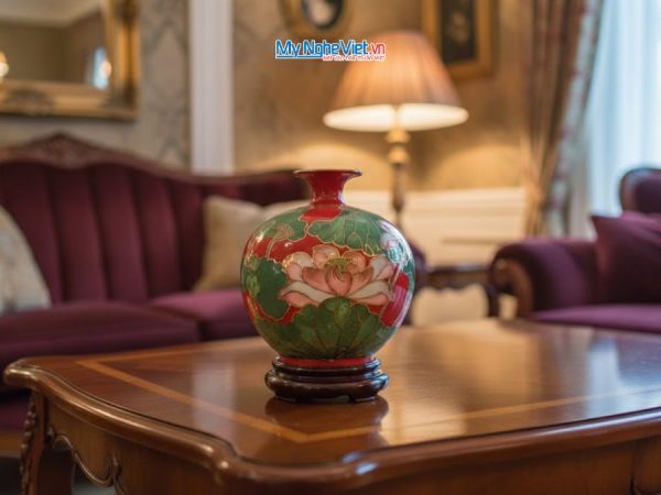 Bình thu hút tài lộc gốm Bát Tràng cao cấp vẽ vàng kim họa tiết hoa sen đắp nổi