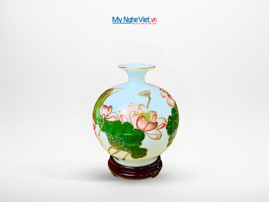 Bình thu hút tài lộc gốm Bát Tràng cao cấp vẽ vàng kim họa tiết hoa sen đắp nổi