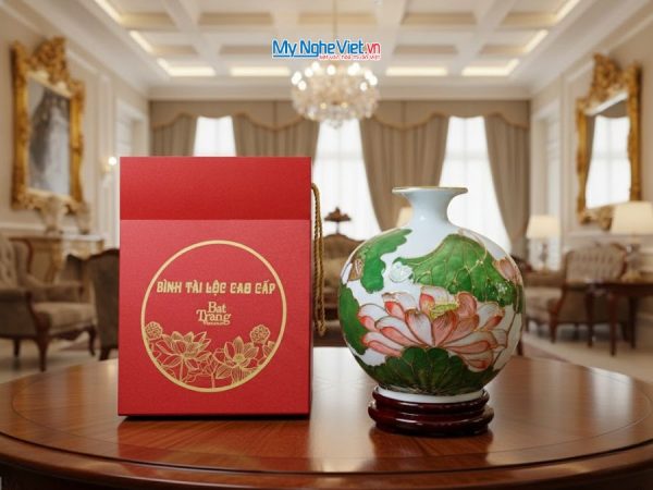 Bình thu hút tài lộc gốm Bát Tràng cao cấp vẽ vàng kim họa tiết hoa sen đắp nổi