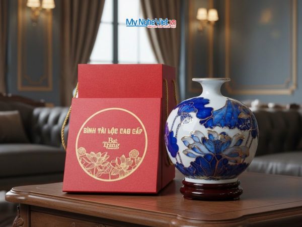 Bình thu hút tài lộc gốm Bát Tràng cao cấp vẽ vàng kim họa tiết hoa sen đắp nổi