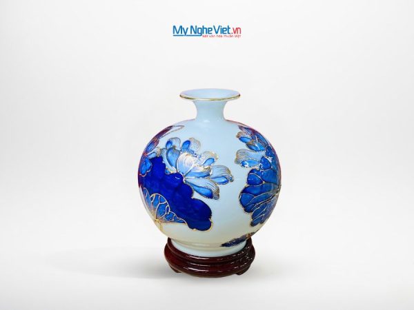 Bình thu hút tài lộc gốm Bát Tràng cao cấp vẽ vàng kim họa tiết hoa sen đắp nổi