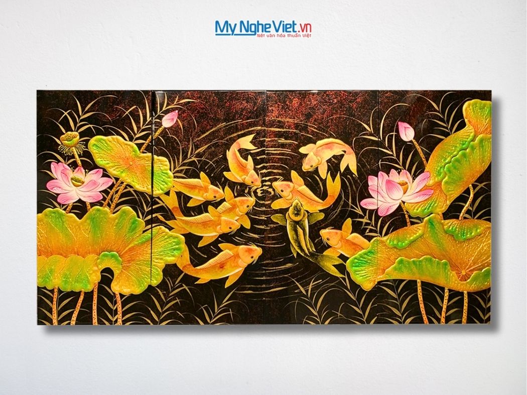 Bộ Tranh Sơn Mài Cửu Ngư Quần Hội Đắp Nổi