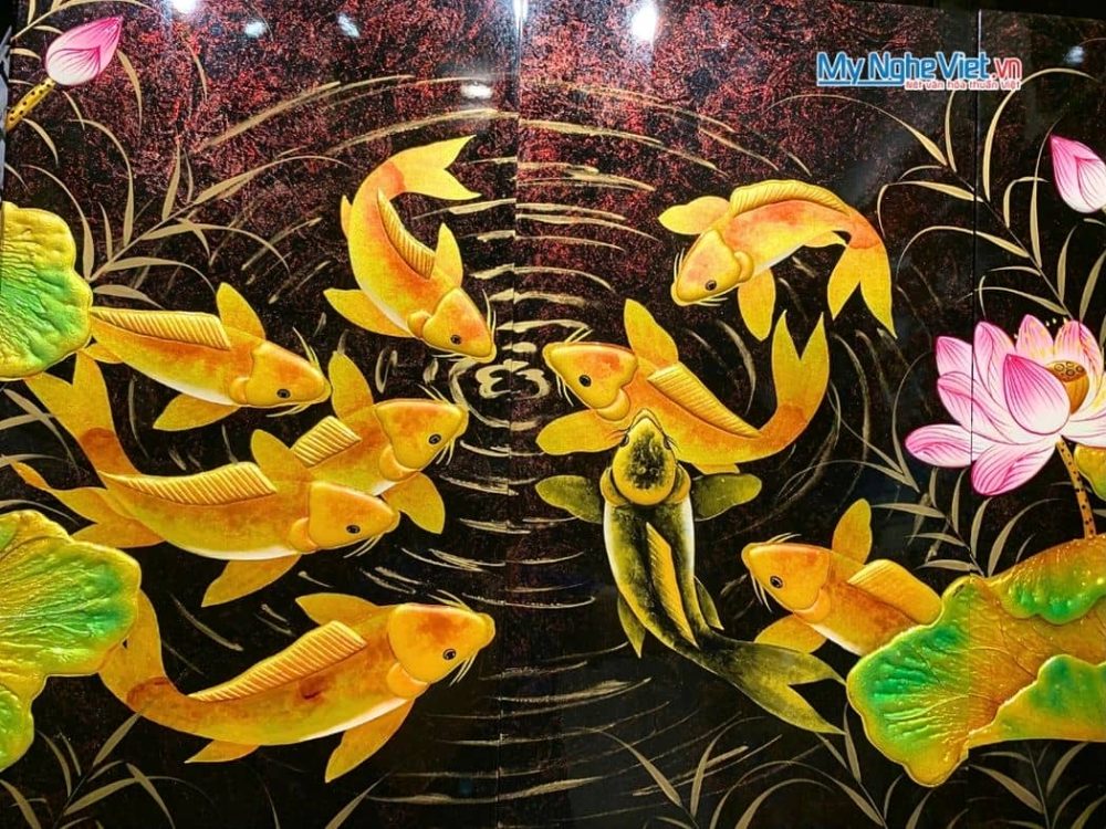 Bộ Tranh Sơn Mài Cửu Ngư Quần Hội Đắp Nổi