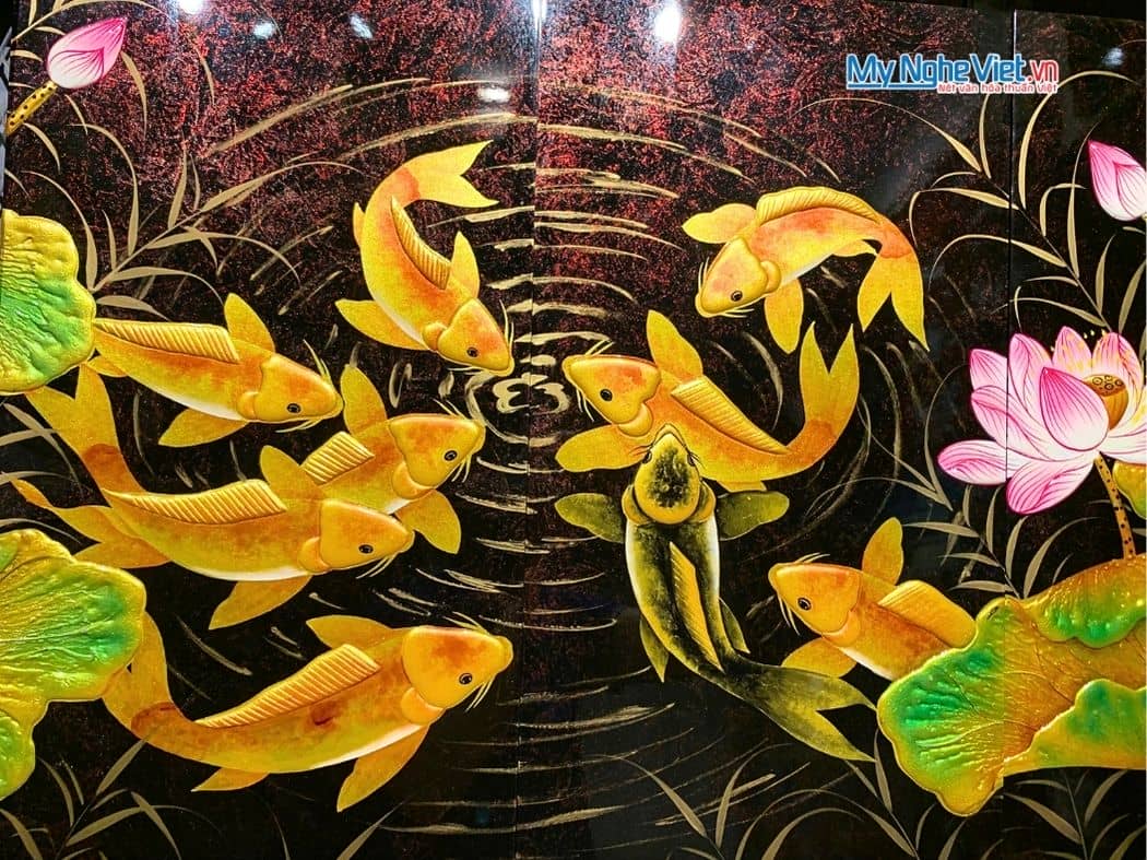 Bộ Tranh Sơn Mài Cửu Ngư Quần Hội Đắp Nổi