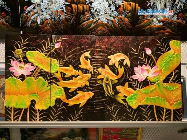 Bộ Tranh Sơn Mài Cửu Ngư Quần Hội Đắp Nổi