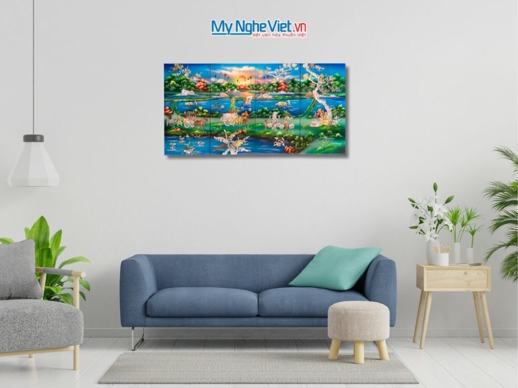 Bộ Tranh Sơn Mài Đồng Quê Cẩn Ốc Nổi Nền Xanh