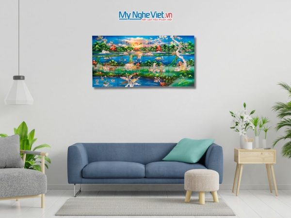 Bộ Tranh Sơn Mài Đồng Quê Cẩn Ốc Nổi Nền Xanh