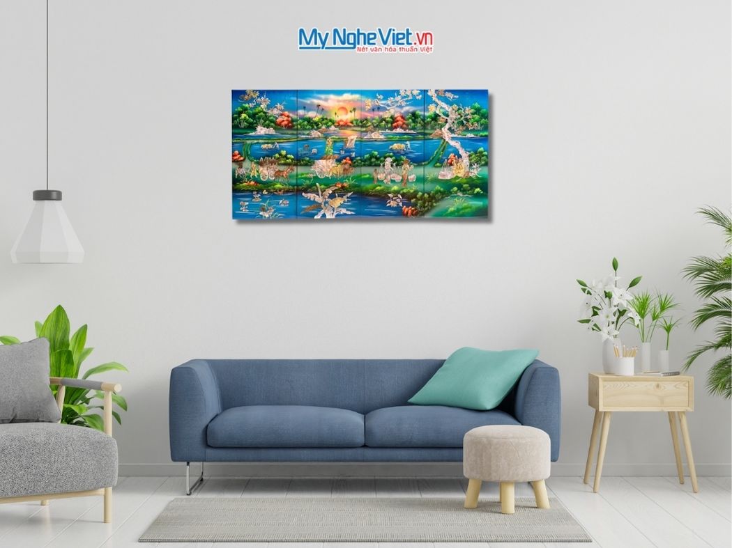 Bộ Tranh Sơn Mài Đồng Quê Cẩn Ốc Nổi Nền Xanh