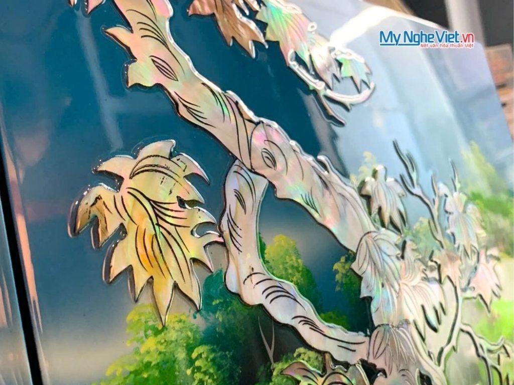 Bộ Tranh Sơn Mài Đồng Quê Cẩn Ốc Nổi Nền Xanh