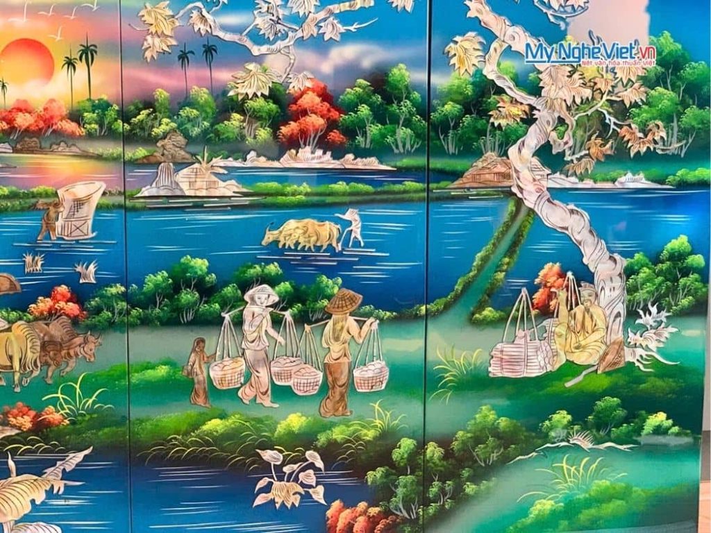 Bộ Tranh Sơn Mài Đồng Quê Cẩn Ốc Nổi Nền Xanh