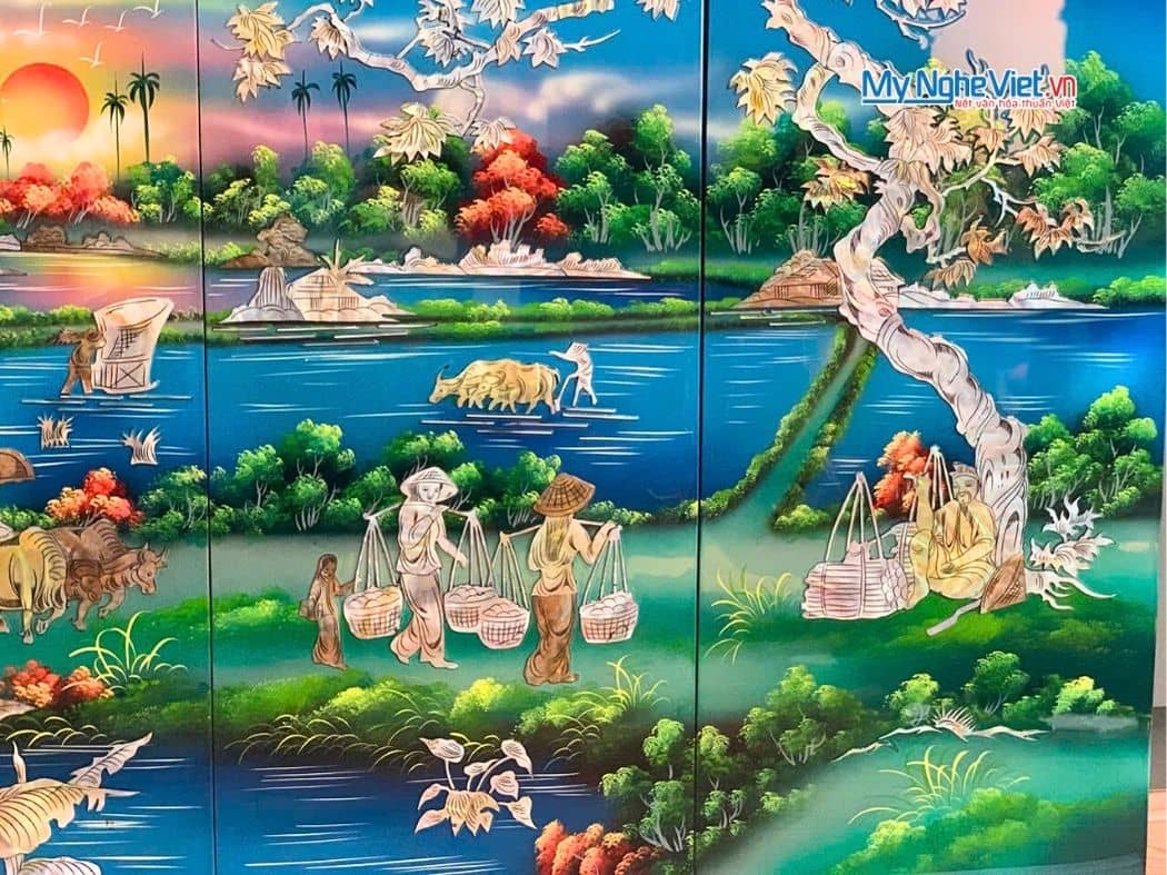 Bộ Tranh Sơn Mài Đồng Quê Cẩn Ốc Nổi Nền Xanh